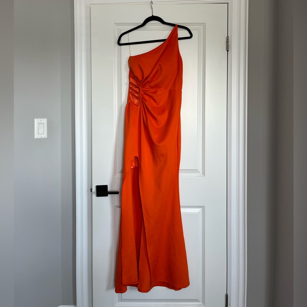 MISS ORD Orange One Shoulder Ruched Maxi Dress With Slit Evening Gown Size L